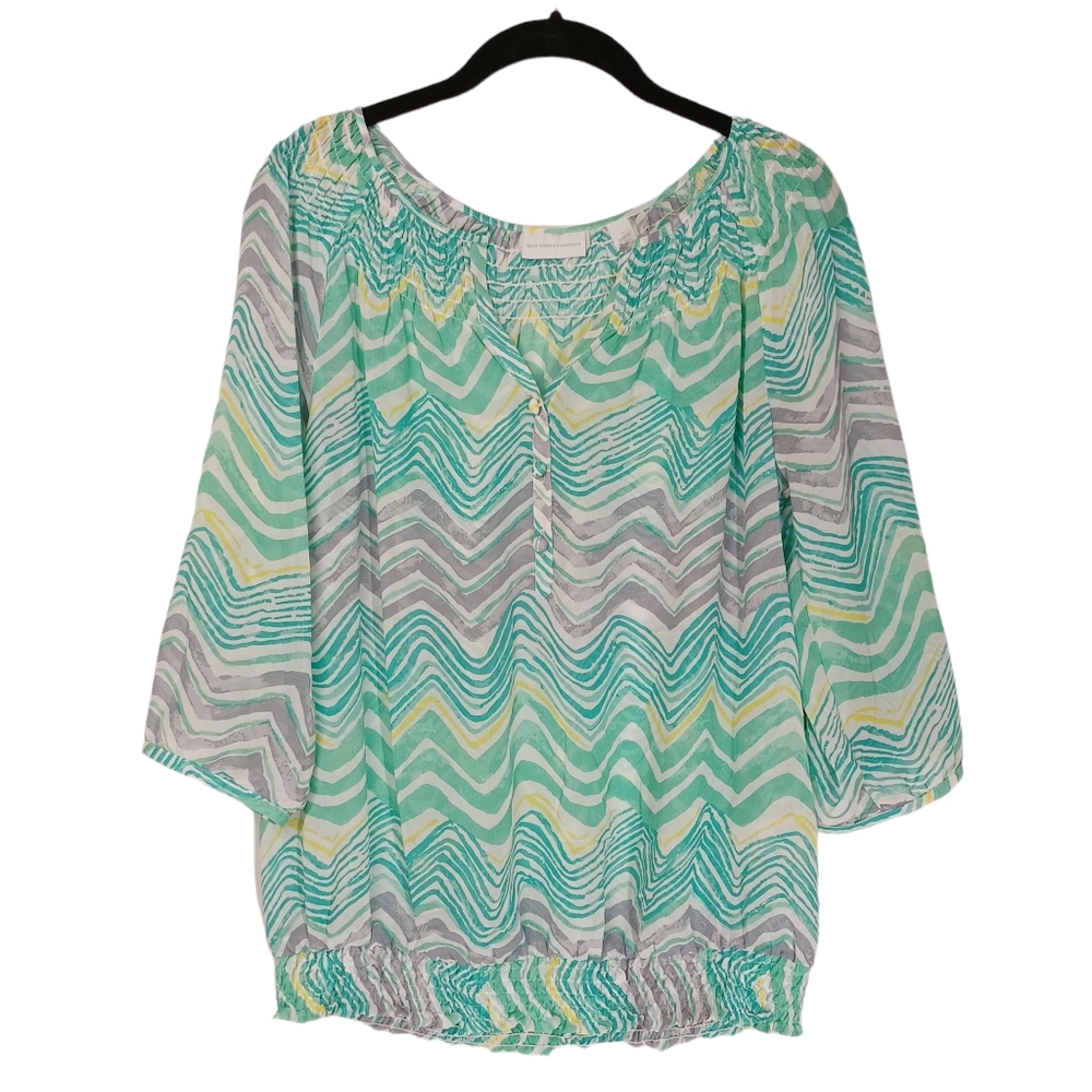 NEW YORK & COMPANY Mint Green Purple Colorful Chevron Print Semi Sheer Top M